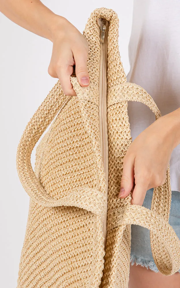 MB0271 SOLID CROCHET STRAW BAG ZIPPER CLOSURE. INNER POCKET