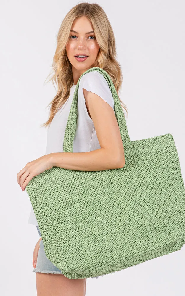 MB0271 SOLID CROCHET STRAW BAG ZIPPER CLOSURE. INNER POCKET
