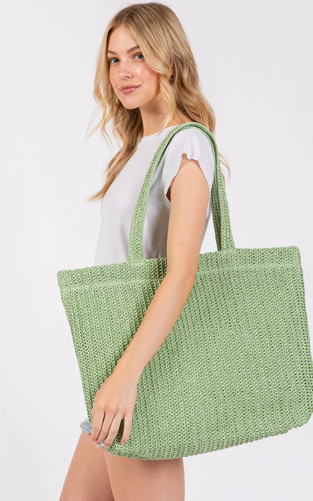 MB0271 SOLID CROCHET STRAW BAG ZIPPER CLOSURE. INNER POCKET