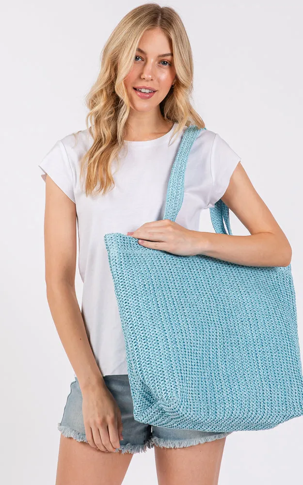 MB0271 SOLID CROCHET STRAW BAG ZIPPER CLOSURE. INNER POCKET