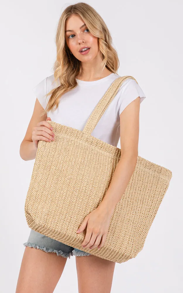 MB0271 SOLID CROCHET STRAW BAG ZIPPER CLOSURE. INNER POCKET