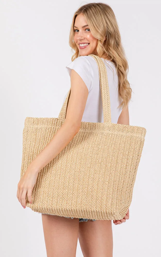 MB0271 SOLID CROCHET STRAW BAG ZIPPER CLOSURE. INNER POCKET