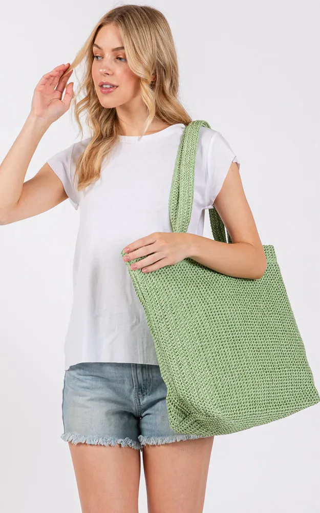 MB0271 SOLID CROCHET STRAW BAG ZIPPER CLOSURE. INNER POCKET