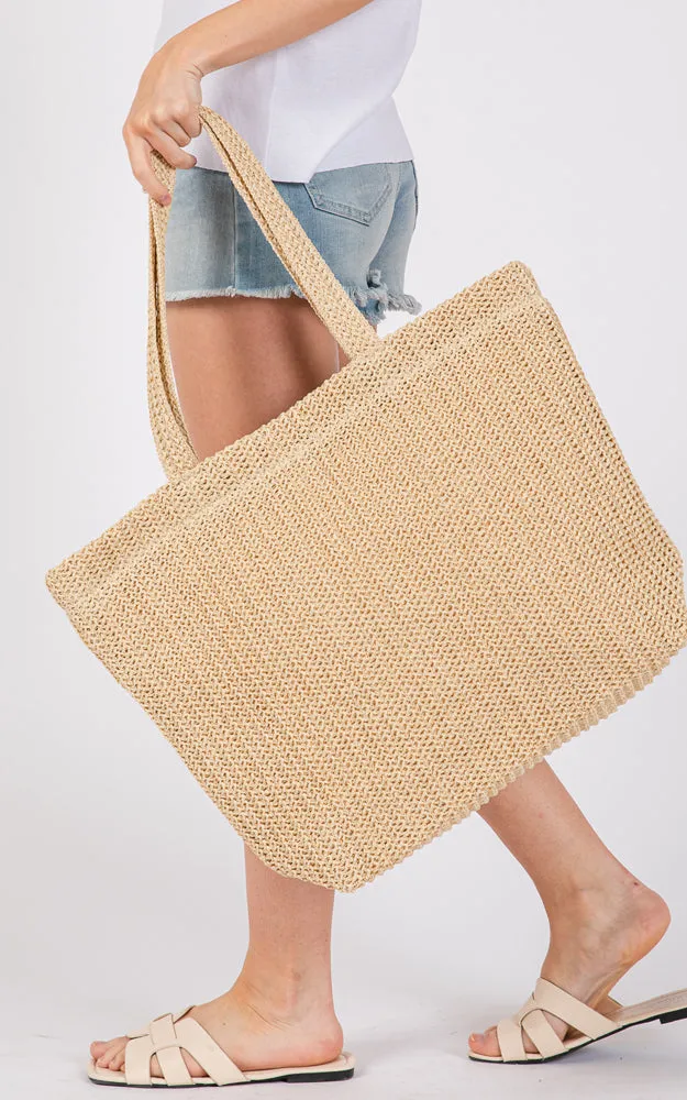 MB0271 SOLID CROCHET STRAW BAG ZIPPER CLOSURE. INNER POCKET
