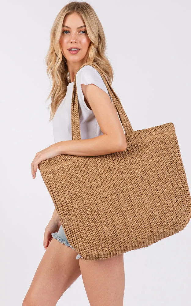 MB0271 SOLID CROCHET STRAW BAG ZIPPER CLOSURE. INNER POCKET