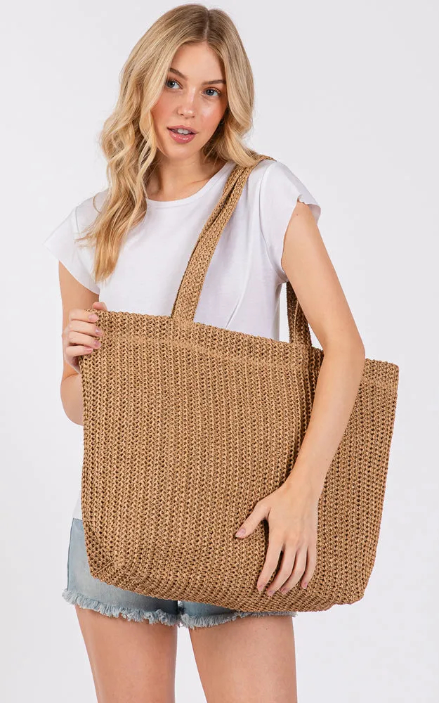 MB0271 SOLID CROCHET STRAW BAG ZIPPER CLOSURE. INNER POCKET