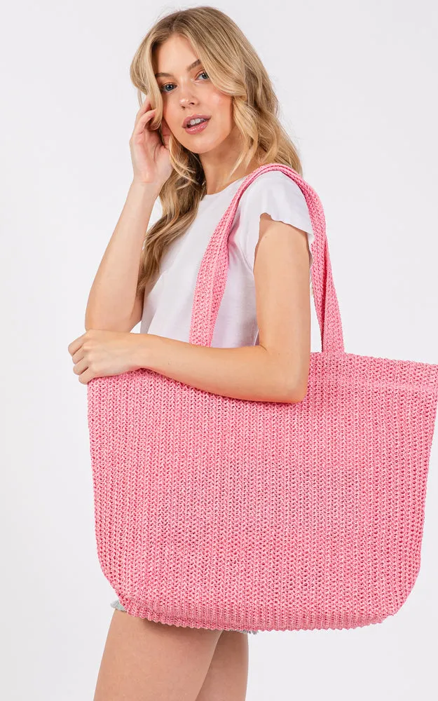 MB0271 SOLID CROCHET STRAW BAG ZIPPER CLOSURE. INNER POCKET