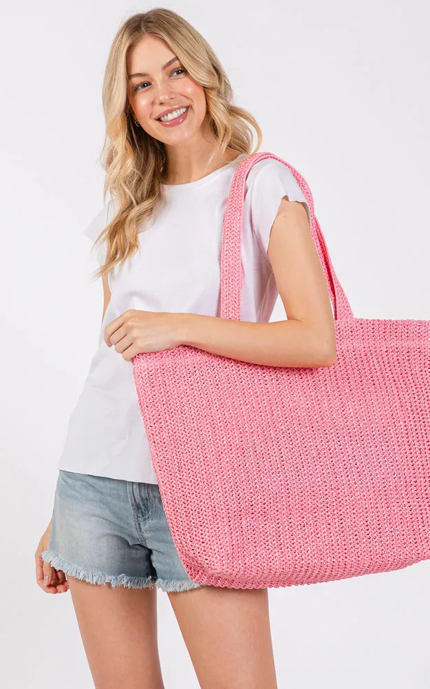 MB0271 SOLID CROCHET STRAW BAG ZIPPER CLOSURE. INNER POCKET