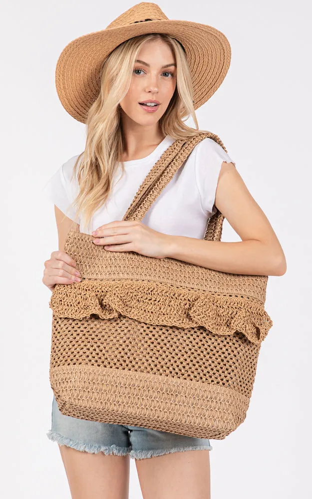 MB0272 RUFFLE DETAIL CROCHET STRAW BAG MAGNETIC CLOSURE