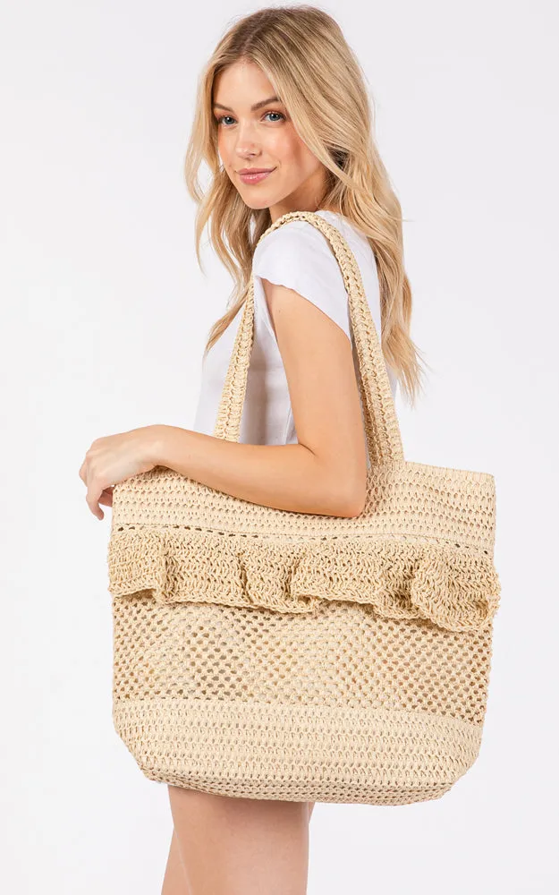 MB0272 RUFFLE DETAIL CROCHET STRAW BAG MAGNETIC CLOSURE