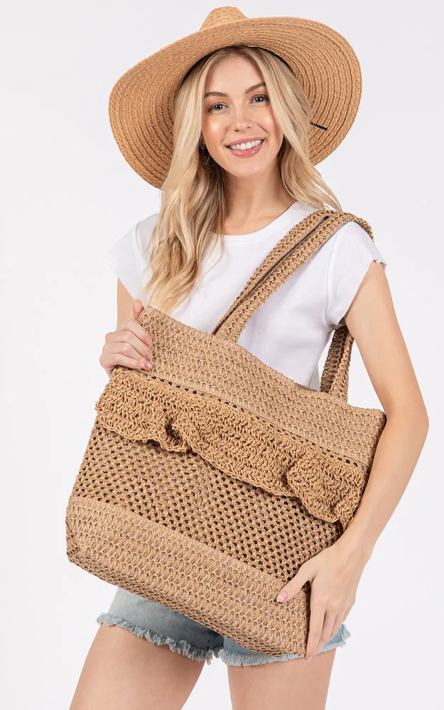 MB0272 RUFFLE DETAIL CROCHET STRAW BAG MAGNETIC CLOSURE