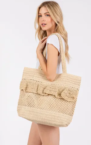 MB0272 RUFFLE DETAIL CROCHET STRAW BAG MAGNETIC CLOSURE