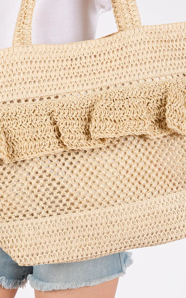 MB0272 RUFFLE DETAIL CROCHET STRAW BAG MAGNETIC CLOSURE
