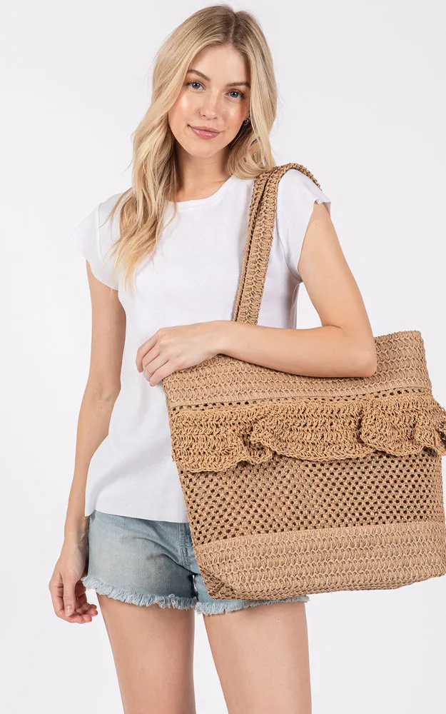 MB0272 RUFFLE DETAIL CROCHET STRAW BAG MAGNETIC CLOSURE