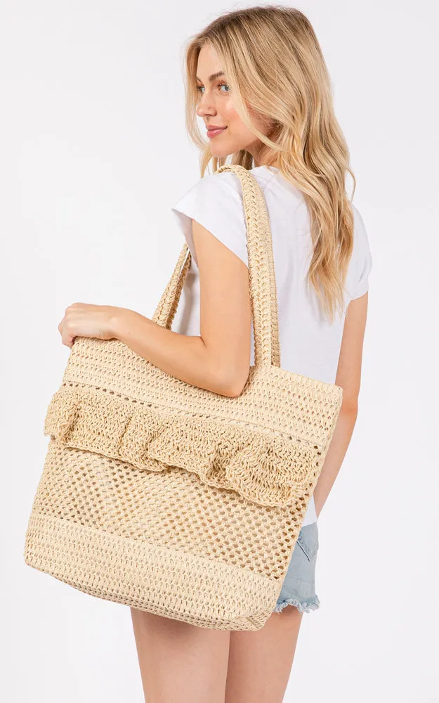 MB0272 RUFFLE DETAIL CROCHET STRAW BAG MAGNETIC CLOSURE