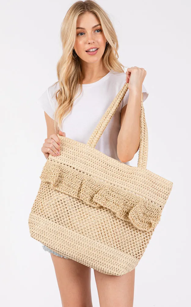 MB0272 RUFFLE DETAIL CROCHET STRAW BAG MAGNETIC CLOSURE
