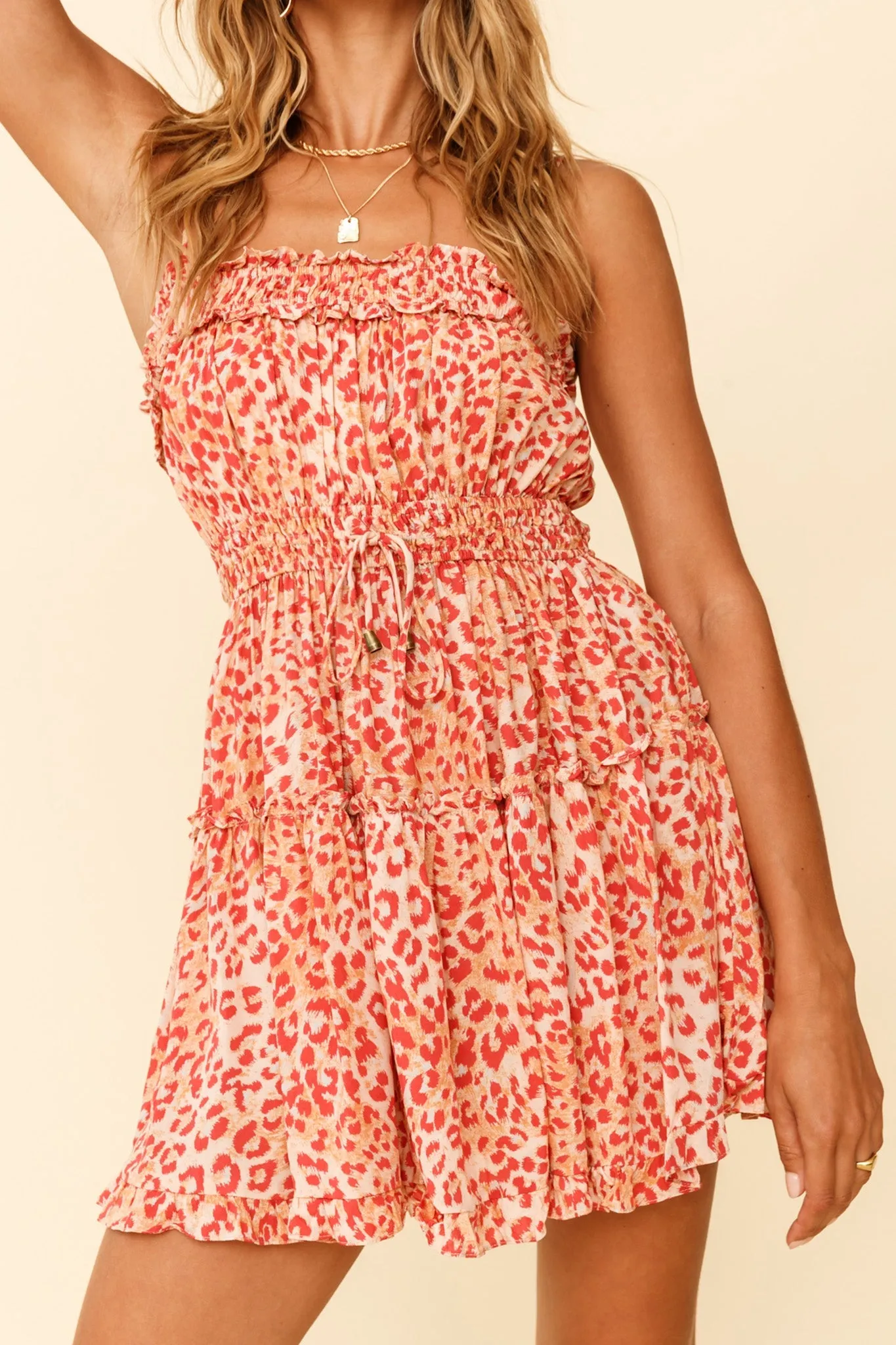 Weekend Escape Cami Strap Drawstring Dress Animal Print Orange