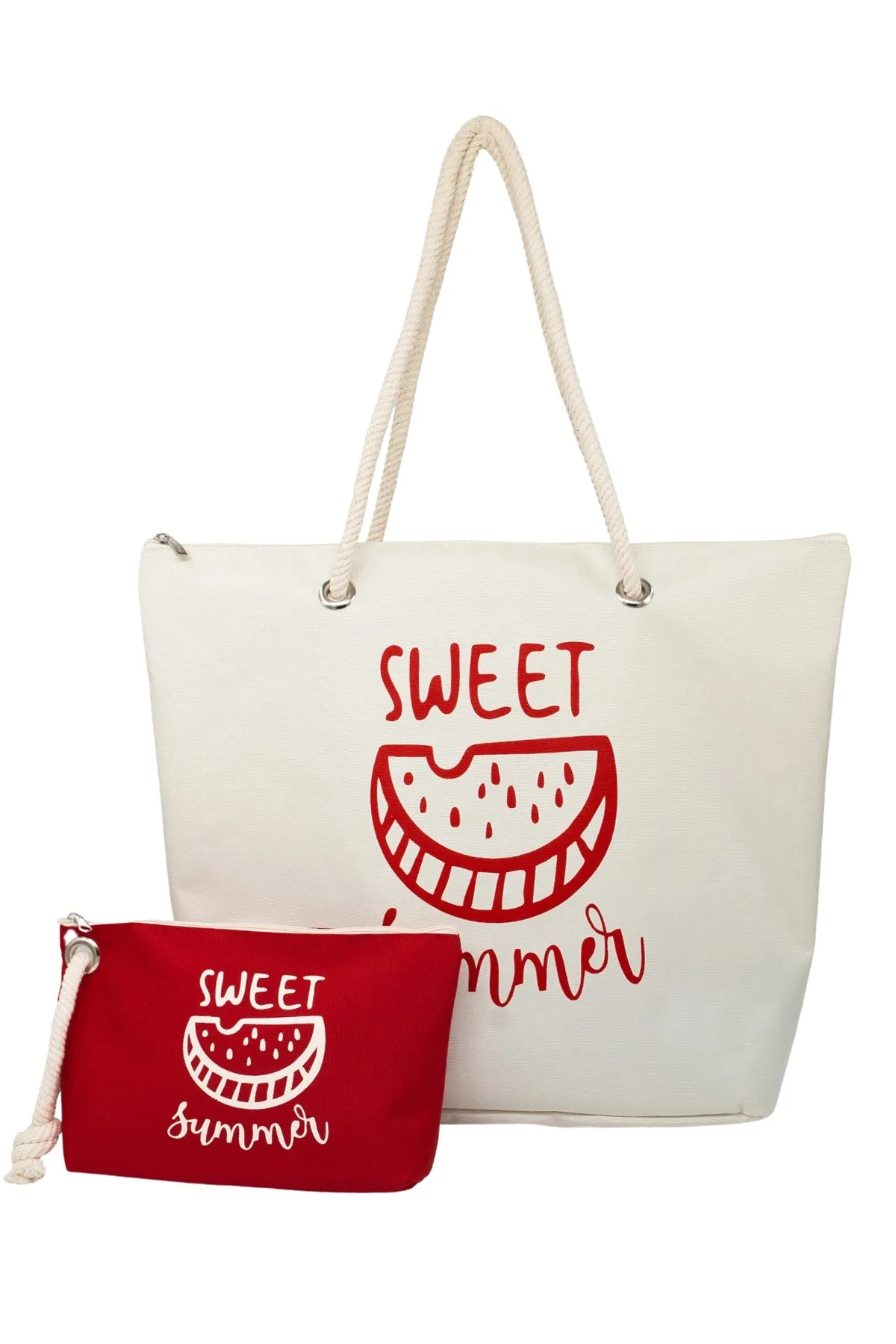 Zippered cream beach bag and red beach bag organizer double suit