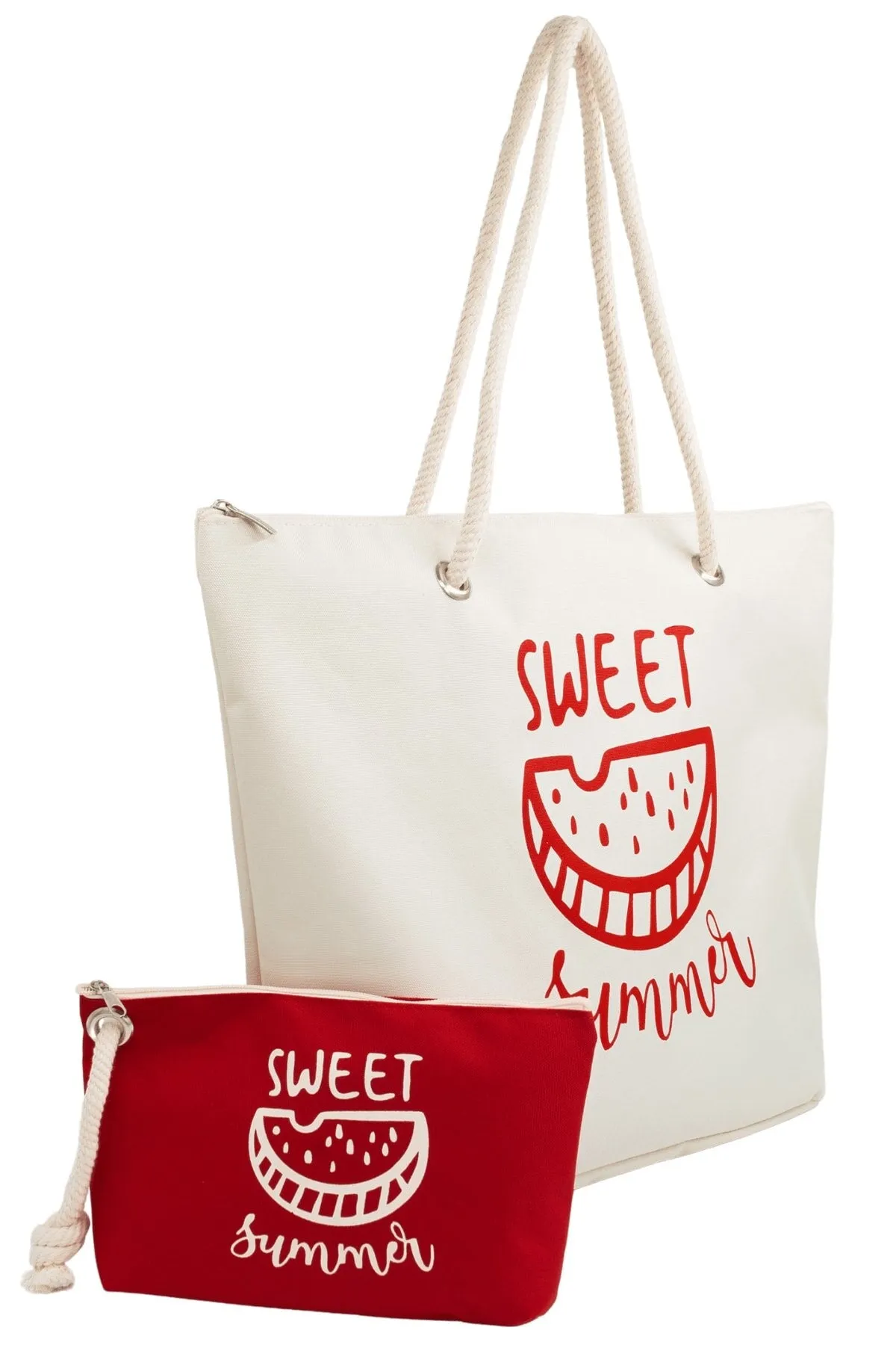 Zippered cream beach bag and red beach bag organizer double suit