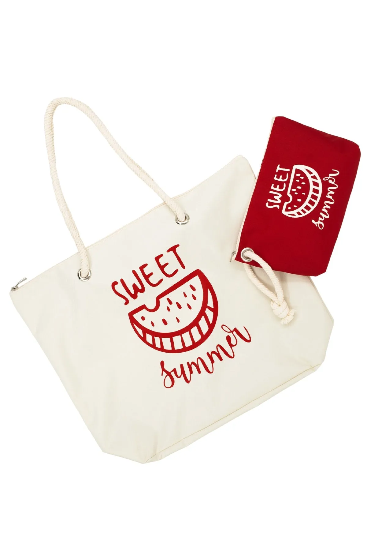 Zippered cream beach bag and red beach bag organizer double suit