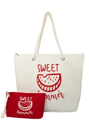 Zippered cream beach bag and red beach bag organizer double suit